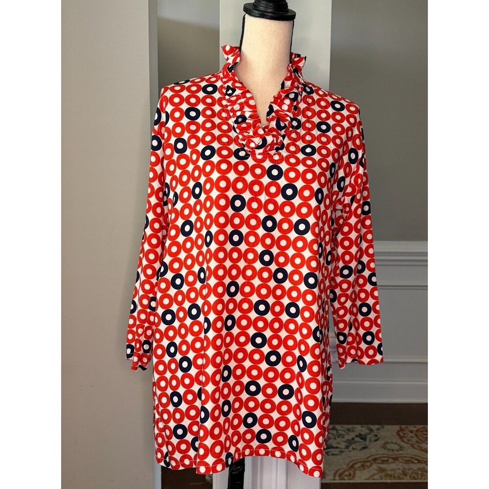 Haley and the Hound Long Sleeve Ruffle Neck Tunic Top Re/Blue Cirlces Sz L